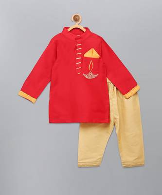 Red embroidered cotton silk father son kurta combo set 3