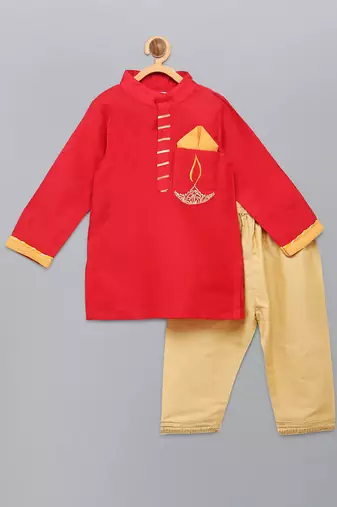 Red embroidered cotton silk father son kurta combo set