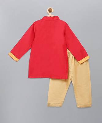 Red embroidered cotton silk father son kurta combo set 4