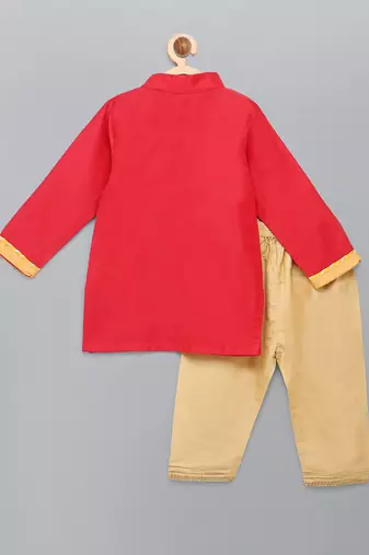 Red embroidered cotton silk father son kurta combo set