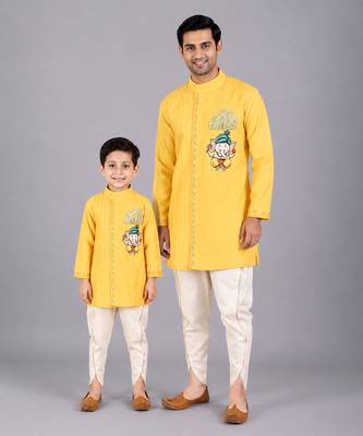 Mustard yellow embroidered cotton silk father son kurta dhoti combo set 1