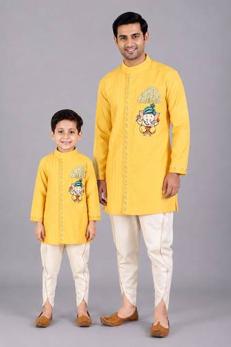 Mustard yellow embroidered cotton silk father son kurta dhoti combo set