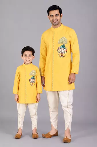 Mustard yellow embroidered cotton silk father son kurta dhoti combo set