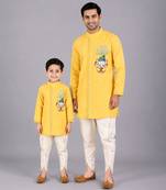 Mustard yellow embroidered cotton silk father son kurta dhoti combo set