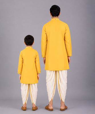 Mustard yellow embroidered cotton silk father son kurta dhoti combo set 2