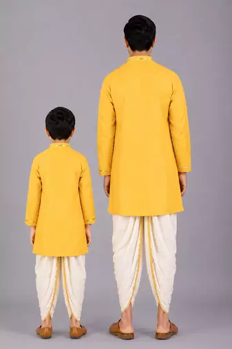 Mustard yellow embroidered cotton silk father son kurta dhoti combo set
