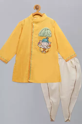 Mustard yellow embroidered cotton silk father son kurta dhoti combo set