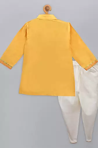 Mustard yellow embroidered cotton silk father son kurta dhoti combo set