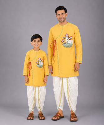 Mustard yellow embroidered cotton silk angrakha father son kurta combo set 1