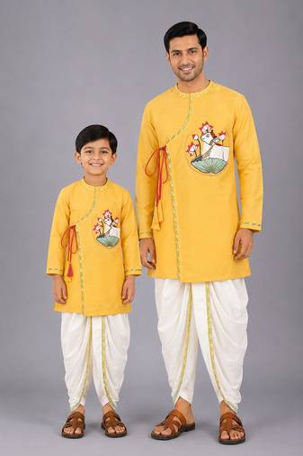 Mustard yellow embroidered cotton silk angrakha father son kurta combo set