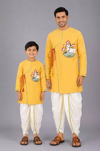 Mustard yellow embroidered cotton silk angrakha father son kurta combo set