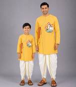 Mustard yellow embroidered cotton silk angrakha father son kurta combo set