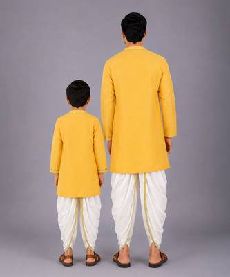 Mustard yellow embroidered cotton silk angrakha father son kurta combo set 2