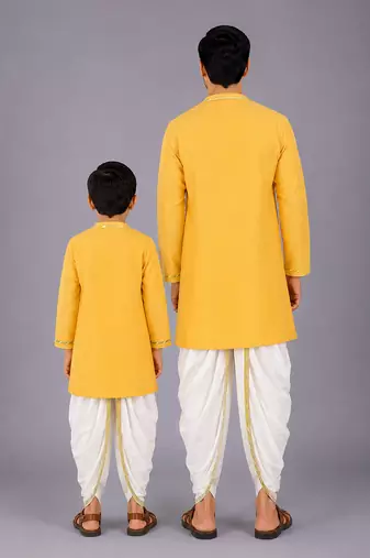 Mustard yellow embroidered cotton silk angrakha father son kurta combo set