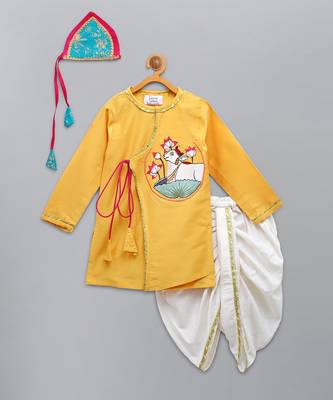 Mustard yellow embroidered cotton silk angrakha father son kurta combo set 3