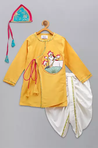 Mustard yellow embroidered cotton silk angrakha father son kurta combo set