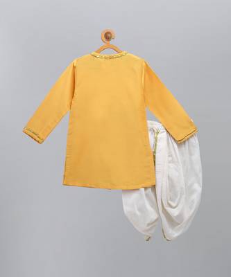 Mustard yellow embroidered cotton silk angrakha father son kurta combo set 4