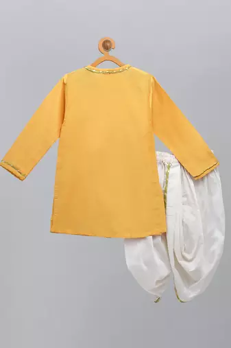 Mustard yellow embroidered cotton silk angrakha father son kurta combo set
