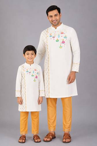 White embroidered cotton silk father son kurta combo set
