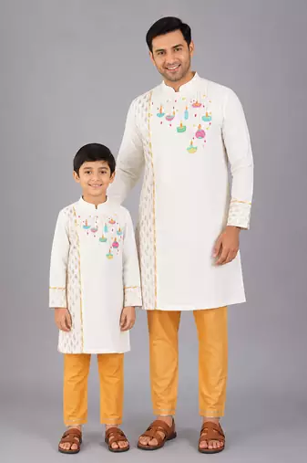 White embroidered cotton silk father son kurta combo set
