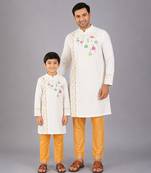 White embroidered cotton silk father son kurta combo set