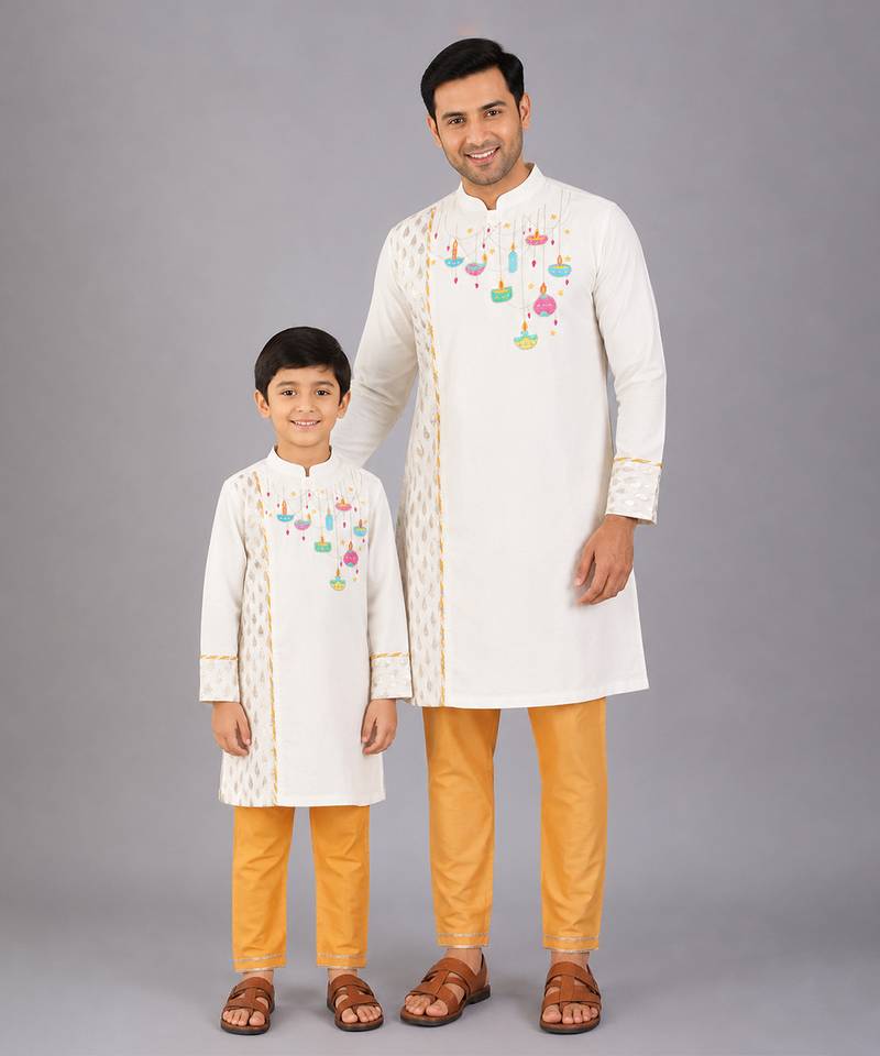 White embroidered cotton silk father son kurta combo set