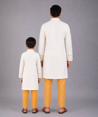 White embroidered cotton silk father son kurta combo set 2