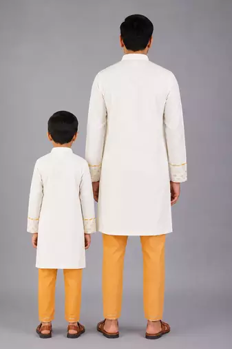 White embroidered cotton silk father son kurta combo set