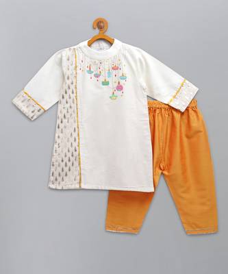 White embroidered cotton silk father son kurta combo set 3