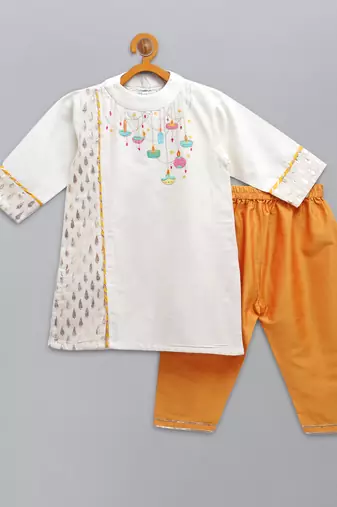 White embroidered cotton silk father son kurta combo set