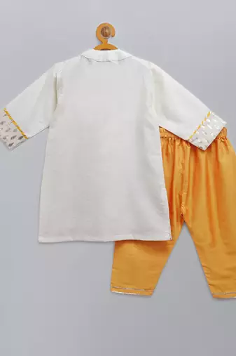 White embroidered cotton silk father son kurta combo set