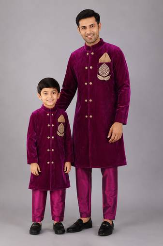 Royal purple embroidered velvet father son bandhgala combo set