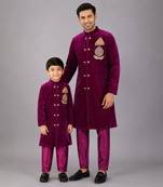 Royal purple embroidered velvet father son bandhgala combo set