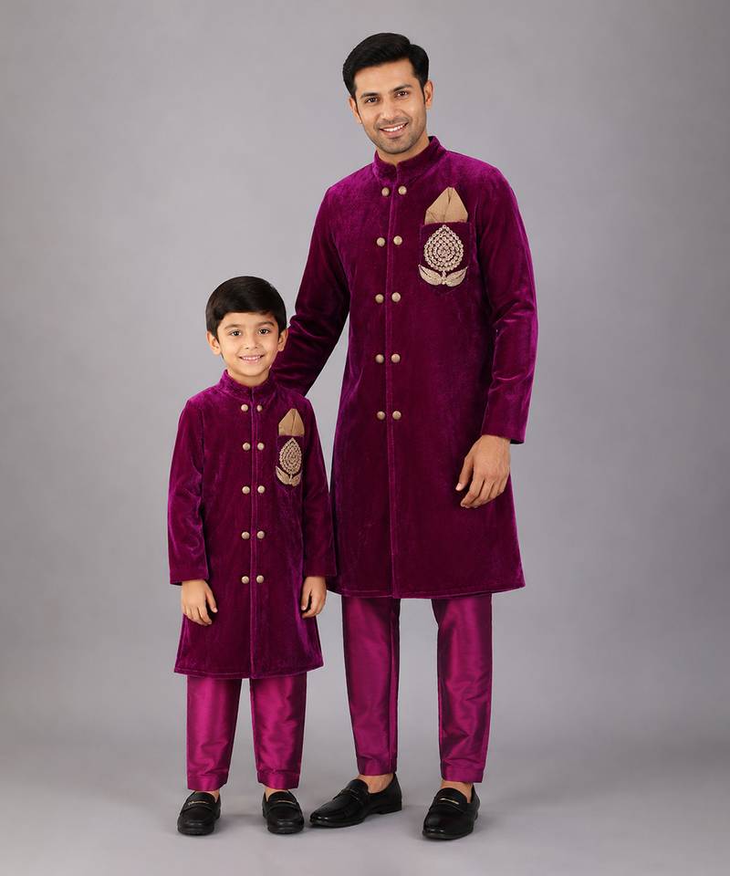 Royal purple embroidered velvet father son bandhgala combo set
