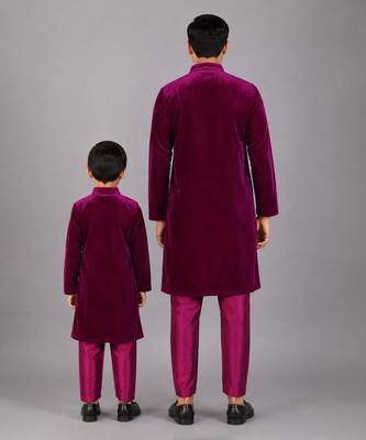 Royal purple embroidered velvet father son bandhgala combo set 2