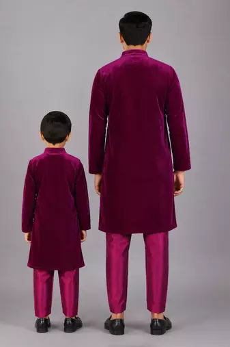 Royal purple embroidered velvet father son bandhgala combo set