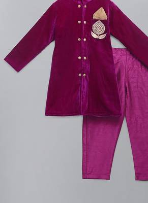 Royal purple embroidered velvet father son bandhgala combo set 3