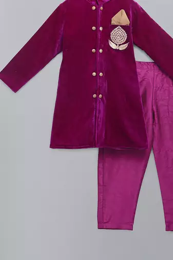 Royal purple embroidered velvet father son bandhgala combo set