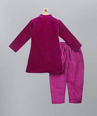 Royal purple embroidered velvet father son bandhgala combo set 4