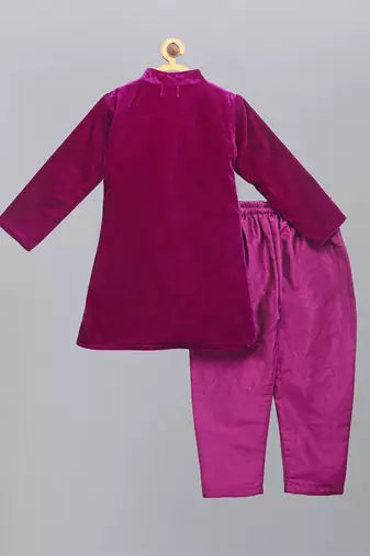 Royal purple embroidered velvet father son bandhgala combo set
