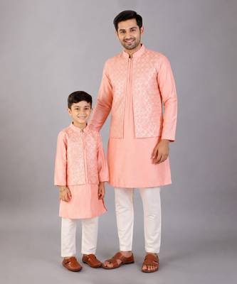 Peach pink woven cotton silk father son kurta combo set 1