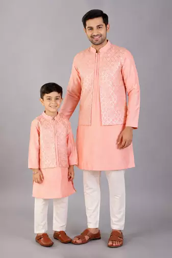 Peach pink woven cotton silk father son kurta combo set