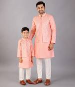 Peach pink woven cotton silk father son kurta combo set