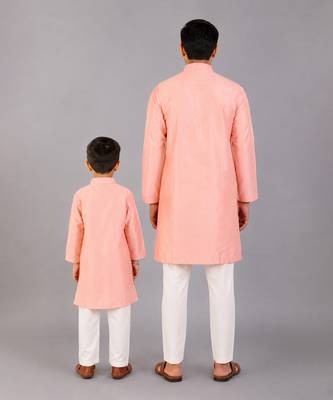 Peach pink woven cotton silk father son kurta combo set 2