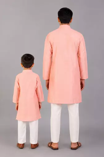 Peach pink woven cotton silk father son kurta combo set