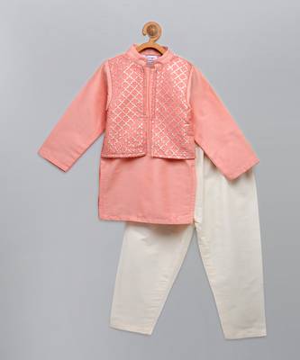 Peach pink woven cotton silk father son kurta combo set 3