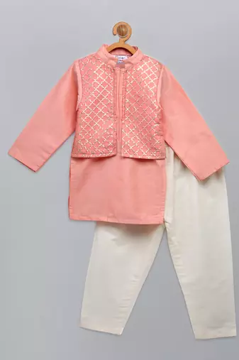 Peach pink woven cotton silk father son kurta combo set