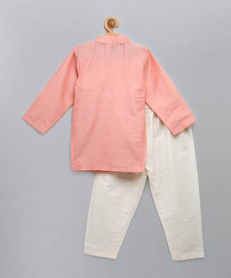 Peach pink woven cotton silk father son kurta combo set 4