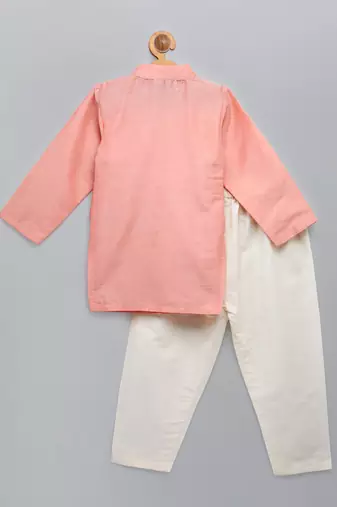 Peach pink woven cotton silk father son kurta combo set