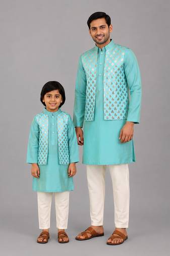 Aqua blue woven cotton silk father son kurta combo set